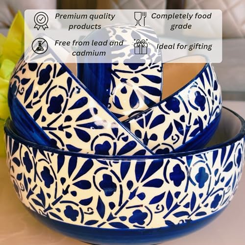 Image of Niyara Stoneware Handmade Ceramic Stylish Premium Serving Bowls /Salad Tray Microwave Dishwasher Safe Set of 4 (Blue & White Floral Print)