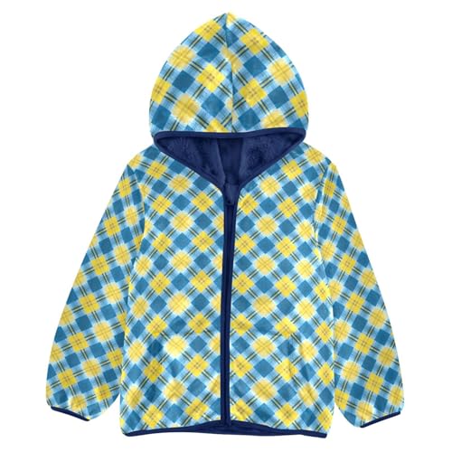 Yellow Blue Buffalo Plaid Boys Fleece Coat,Children's Zip-Up Hoodie Jacket,Baby Warm Fashion Outerwear 3-10T,A113366