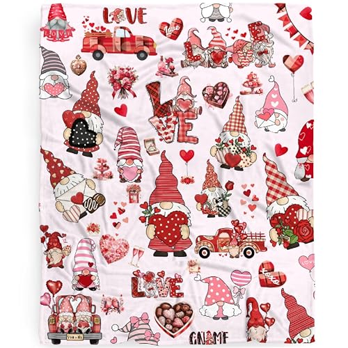 Valentine Gnome Blanket Gifts for Girls Boys, Cute Valentine's Day Gnome Throw Blanket Gifts for Baby Rose Flower Decor Pink Heart Plush Soft Lightweight Flannel Fleece Chocolate Blankets 40x30In
