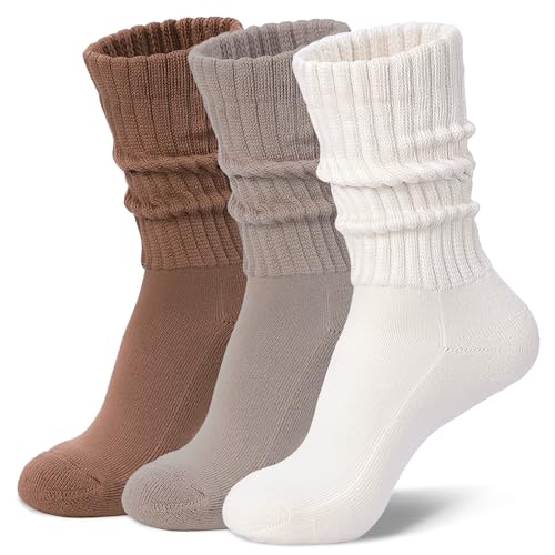 Womens Slouch Crew Socks Cozy Cotton Retro Ribbed Calf Scrunch Boot Socks for Casual Athletic 3 Pairs