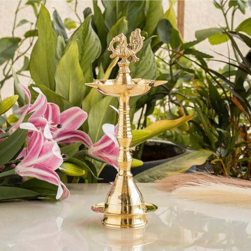 Image of Indian Art Villa Brass Stand Pillar Diya with Kerala Murga Design, Traditional Brass Oil Lamp for Pooja, Diwali, Home Temple, Mandir Decor, Festive Lighting & Spiritual Gifting, 10 Inch