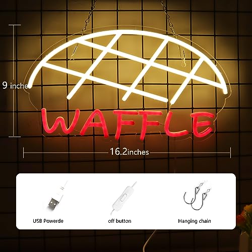 Image of Waffle Neon Signs for Wall Decor Neon Lights for Bedroom Led Business Signs Suitable for Cake Shop Bakery Supermarkets Stores Cookie House 5V Power Adapter, 16.2 * 9 Inch(Warm White + Red)