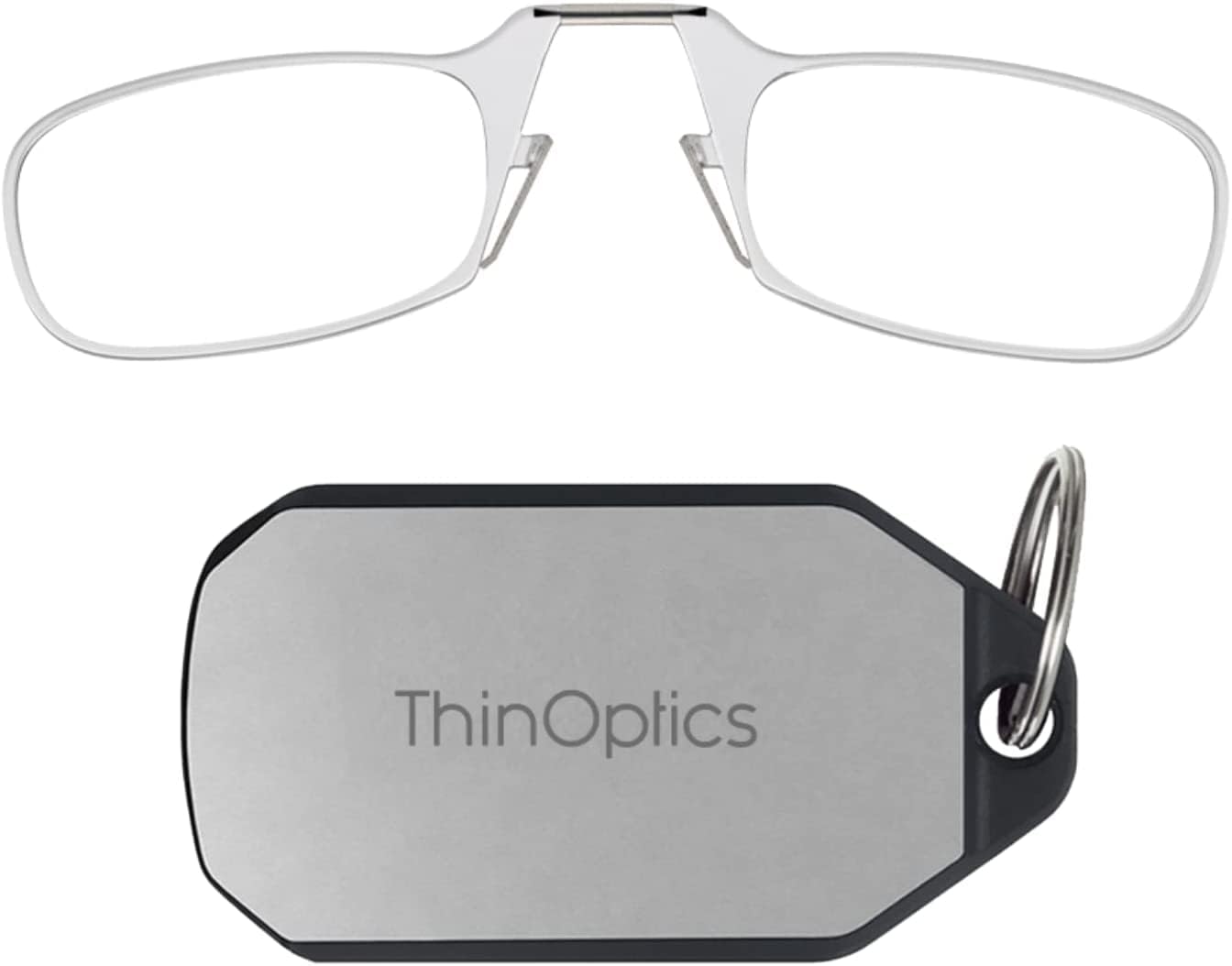 ThinOptics Keychain Case + Rectangular Reading Glasses, Clear Frames/Silver Case, 44 mm + 2