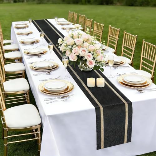 FAVE 4 Pack Woven Vinyl Table Runners, 120x12 Inch Black with Gold Threads