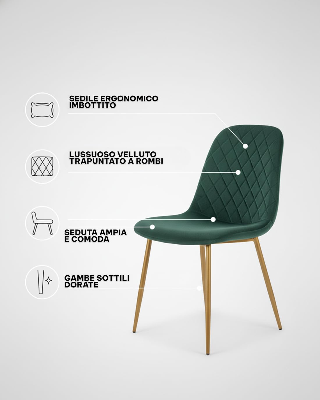 Cribel SEDIA NEW LENA Velluto Verde/Gambe Oro | Set 4 Sedie da Pranzo con Impunture a Rombi | Design Moderno ed Elegante per Cucina, Soggiorno e Sala da Pranzo