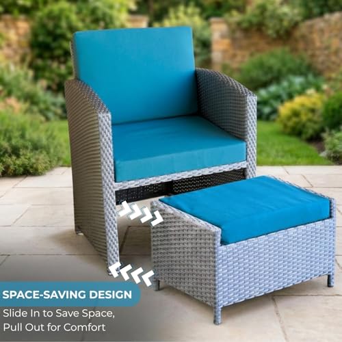 Image of DEVOKO Valencia 5 Piece All Weather Rattan Wicker Patio Sofa Set with Water Resistant Cushioned Chairs with Glass Top Table & Ottomans for Garden, Pool, Porch, Backyard (Silver Grey & Sky-Blue)
