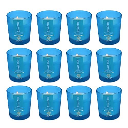 Image of EKAM Ocean Dream Votive Soy Wax Scented Candle, 40 Grams, 10 Hours Burn Time| Long Lasting Premium Candles | Ideal for Home Decor | Gifting & Aromatherapy (Pack of 12)