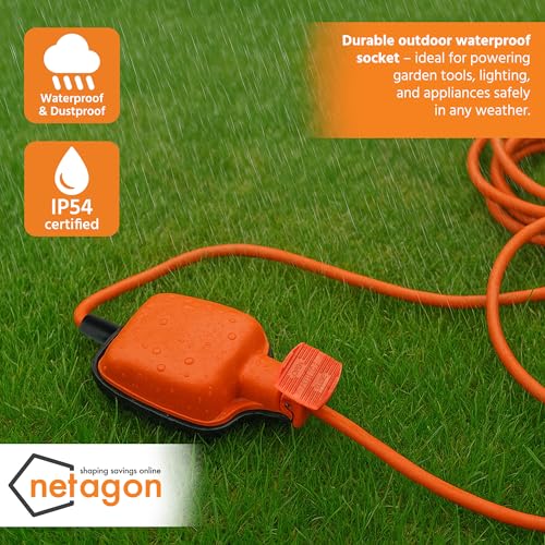 Netagon IP54 Single 1 Gang Plug Waterproof Outdoor Electrical Inline Socket Extension Lead | 5M,10M, 20M or 25M Long Cable (1, 20M Long Cable)