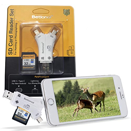 Betionol 4-in-1 Trail Camera Viewer for Android Phones/iPhone, Portable SD Card Reader for Smartphones to Read SDXC/SDHC/SD/Micro SD Cards, 32GB SD Card Included
