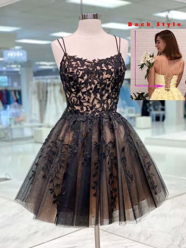 GARDOM Gothic Black Spaghetti Straps Tulle Homecoming Dresses 2025 Short Lace Appliques Prom Dresses for Teens Pockets4