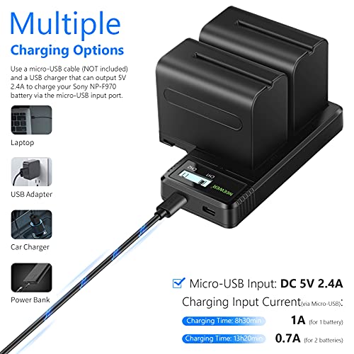 Image of NEEWER Dual USB Fast Charger with 2 x 6600mAh NP-F970 Replacement Batteries, Compatible with Sony NP-F970 NP-F960 NP-F950 NP-F930 NP-F570 NP-F550 NP-F530 NP-F330 Battery and Sony Handycam