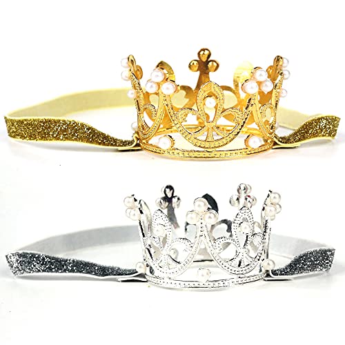 Nishine 2 Stück Baby Mädchen Krone Stirnband Prinzessin Diadem Kopfschmuck Set Kleinkind elastisches Stirnband(Gold/Silber)