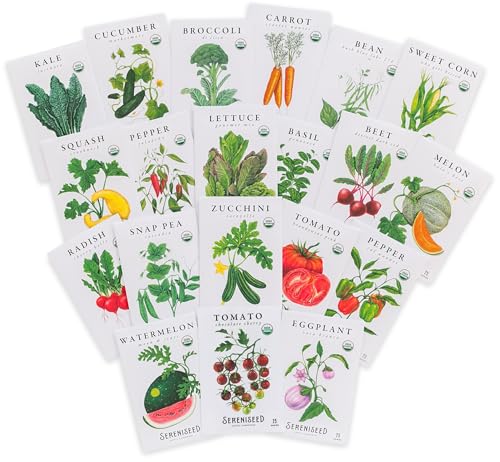 Sereniseed Certified Organic Vegetable Seed Collection (20-Pack) – 100% Non GMO, Open Pollinated Varieties