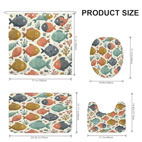 Ensemble rideau de douche poisson bleu 183x183 avec tapis de bain marin