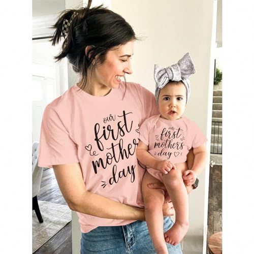 AG AGUU Our First Mothers Day Matching Outfit Mommy and Me Newborn Baby Boys Girls Romper Onesie New Mom Shirts for Women(Mom-Pink-A,M)