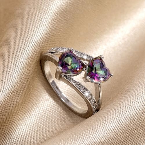 6x6mm Heart Shape Simulated Mystic Rainbow Topaz 925 Sterling Silver Double Heart Promise Ring for Women4