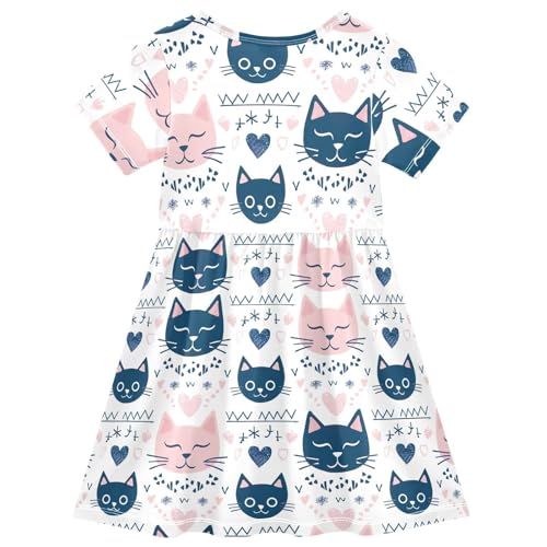 Girls' Cute Cat Short Sleeve Dresses - Quick-Dry Knit Fabric, Soft Comfortable 208564182