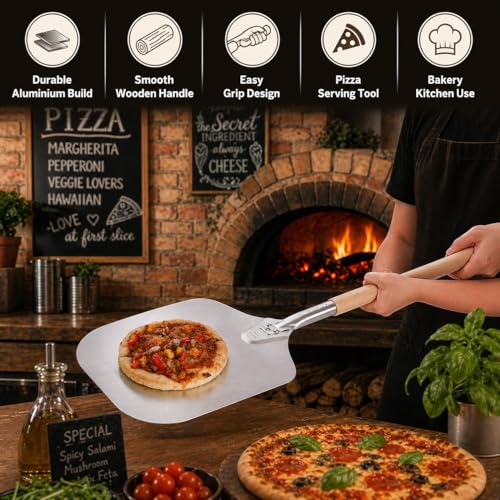 Image of KMW Aluminium Pizza Peel /Pizza Schoop /Pizza Shovel /Pizza Lifter /Pizza Pill Hand Finished Professional Wooden Handle - 35 CM Blade, 85 CM Total Length.