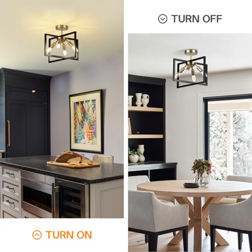 Image of Modern Industrial Semi Flush Mount Ceiling Light Fixture, Black and Gold Candelabra Farmhouse 4-Light Lighting for Kitchen, Dining Room, Bedroom, Hallway, Living Room, Entryway, Foyer