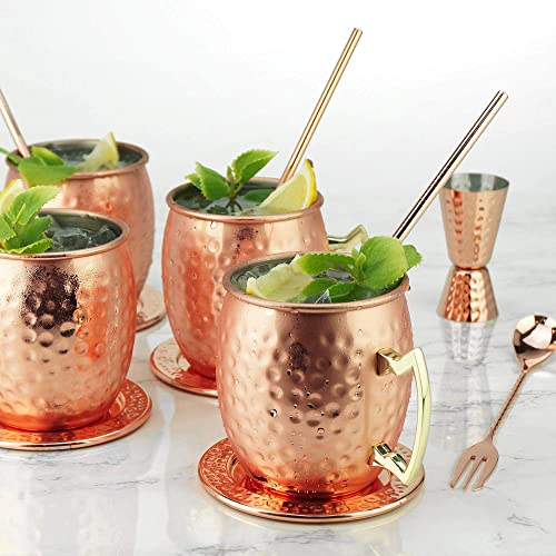 Pg Moscow Mule/Cocktail Bar Set, 15-Pc Copper/Rose Gold Color, High Grade Ss, W/4X Moscow Mule Mugs, 4X Straws W/Cleaner, 4X Real Stainless Coasters, 1X Double-Jigger 1X Double-Head Stirrer #TOP7
