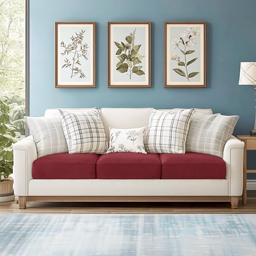 Image of CHUN YI Stretch Couch Cushion Cover Replacement, Fitted Loveseat Sofa Chair Seat Slipcover Furniture Protector, Checks Spandex Jacquard Fabric(3,Wine), 3