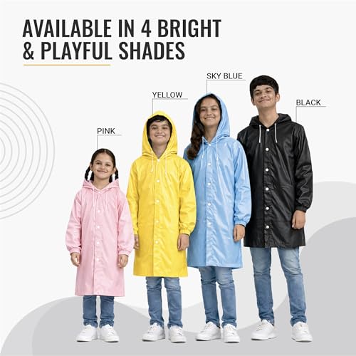 Image of Robustt Kids Eva Raincoat for Boys & Girls (8-16 Years) with Full Sleeves with Elastic Cuff | Unisex Hooded Kids Rain Coat with Drawstring | Reusable Raincoat with Snap Button Closure | Knee Length