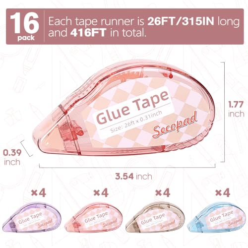 Image of Secopad Scrapbook Tape, 16 Pack Double Sided Tape Roller for Crafts, Adhesive Glue Runner Scrapbooking Supplies Journaling School Office Teacher Supplies, 0.3IN x 26FT, Clear Light-Colored Shell