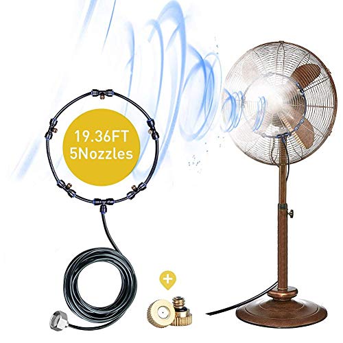 Kit de nebulización de ventilador para una brisa fresca de patio Línea de nebulización de 19.36 pies (5.9 m) y 5 boquilla de latón extraíble y adaptador de latón sólido galvanizado, se conecta a