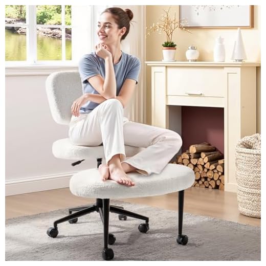 Cross Legged Office Chair, ADHD Criss Cross Office Chair with Wheels, Ergonomic Meditation Desk Chair with Footrest, PU Leather White Wide Kneeling Chair with Back Support and Lumbar Support