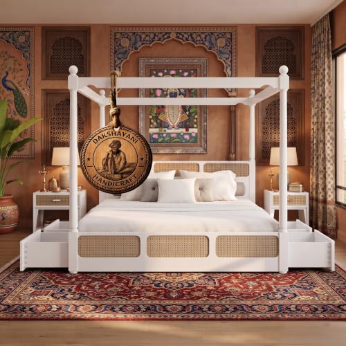 Image of Sheesham Solid Wood Allure Poster Bed for Bedroom | Handmade Wooden Cot | Elegant Four Poster King Size Bed Frame (White, King, Allure with Storage(Cane))