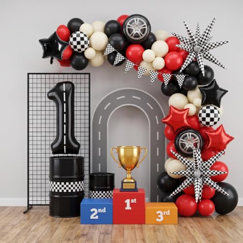 Image of TONIFUL Race Car Party Balloons Set - 40 Inch Racetrack Number 1 Foil Balloon with Checkered & Star Balloons for Boys 1st Birthday Car Themed Decorations, Baby Shower Photo Backdrop Supplies
