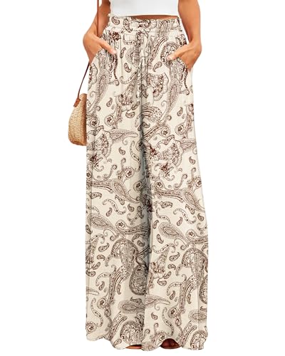 Bsubseach 2025 Womens Beach Wide Leg Pants Summer Floral Elastic Waist Pant Palazzo Dressy Boho Flowy with Pockets