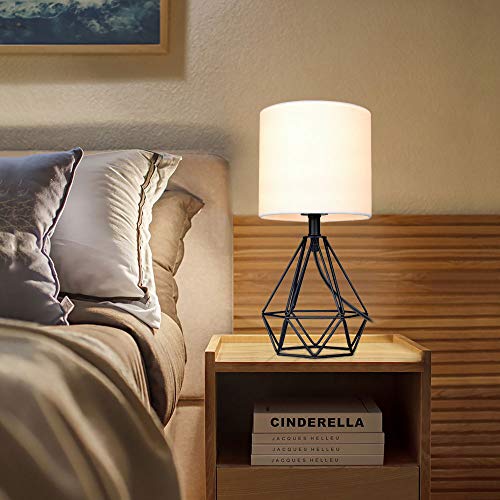Depuley Modern Table Lamp For Bedroom,Geometric Bedside Lamp With Black Hollowed Out Metal Base And Fabric Shade, Nightstand Lamps For Living Room,Office(5W E26 Warm Light Led Bulb Incl) #TOP4