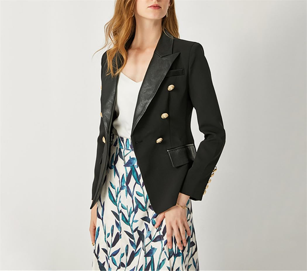 FULBHPRINT Primavera Otoño Europeo PU Cuero Cuello Delgado Negro Blazer OL Formal Clásico Trabajo Blazers