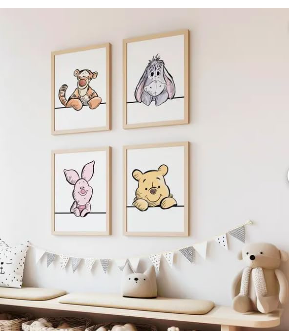 Winnie The Pooh and Friends Nursery Wall Art Set of 4 Character Illustrations Kids Room Decor - 11x14 Poster Print - UNFRAMED