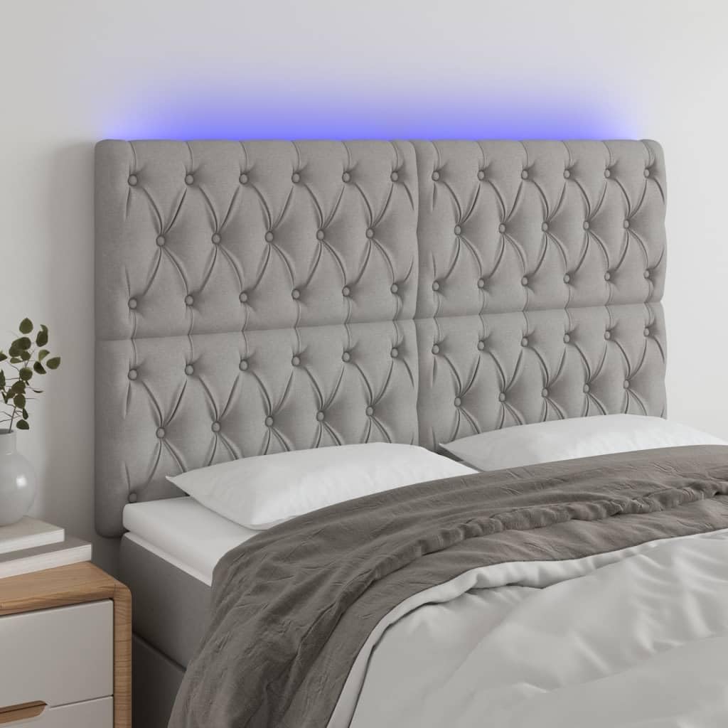 Cabecero de cama LED gris claro, 144 x 7 x 118/128 cm, altura ajustable con cambio de color, funda de tela acolchada, para dormitorio moderno, para jóvenes y adultos