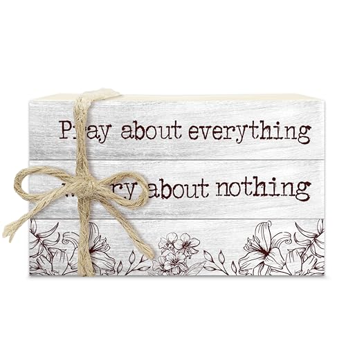 Christian Decorative Book Stack for Farmhouse, Tiered Tray Decor Inspirational Gifts, Religious Stacked Books Set, Pray About Everything Worry About Nothing Wooden Book Decor for Home Office -33