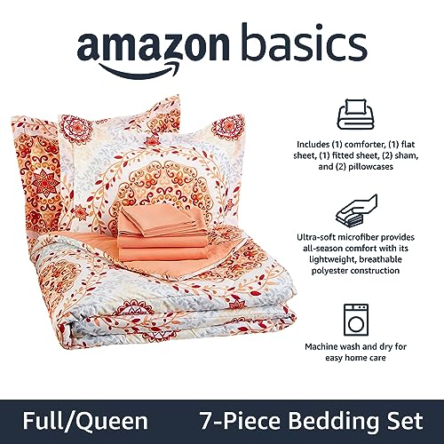 Image of Amazon Basics Full /Queen Comforter Set with Sheets, 7-Piece Coral Medallion Bedding, Lightweight Microfiber Bed-in-a-Bag