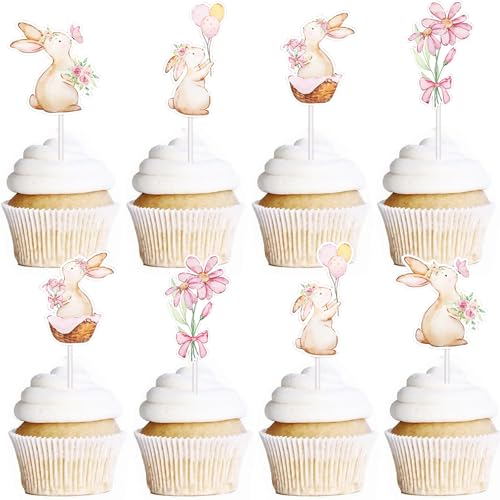DazzJoy Lot de 20 décorations de gâteau de Pâques en forme de lapin - Décoration de gâteau de Pâques - Fleurs - Décoration de gâteau d'anniversaire - Lapin - Décoration de gâteau pour fête prénatale -