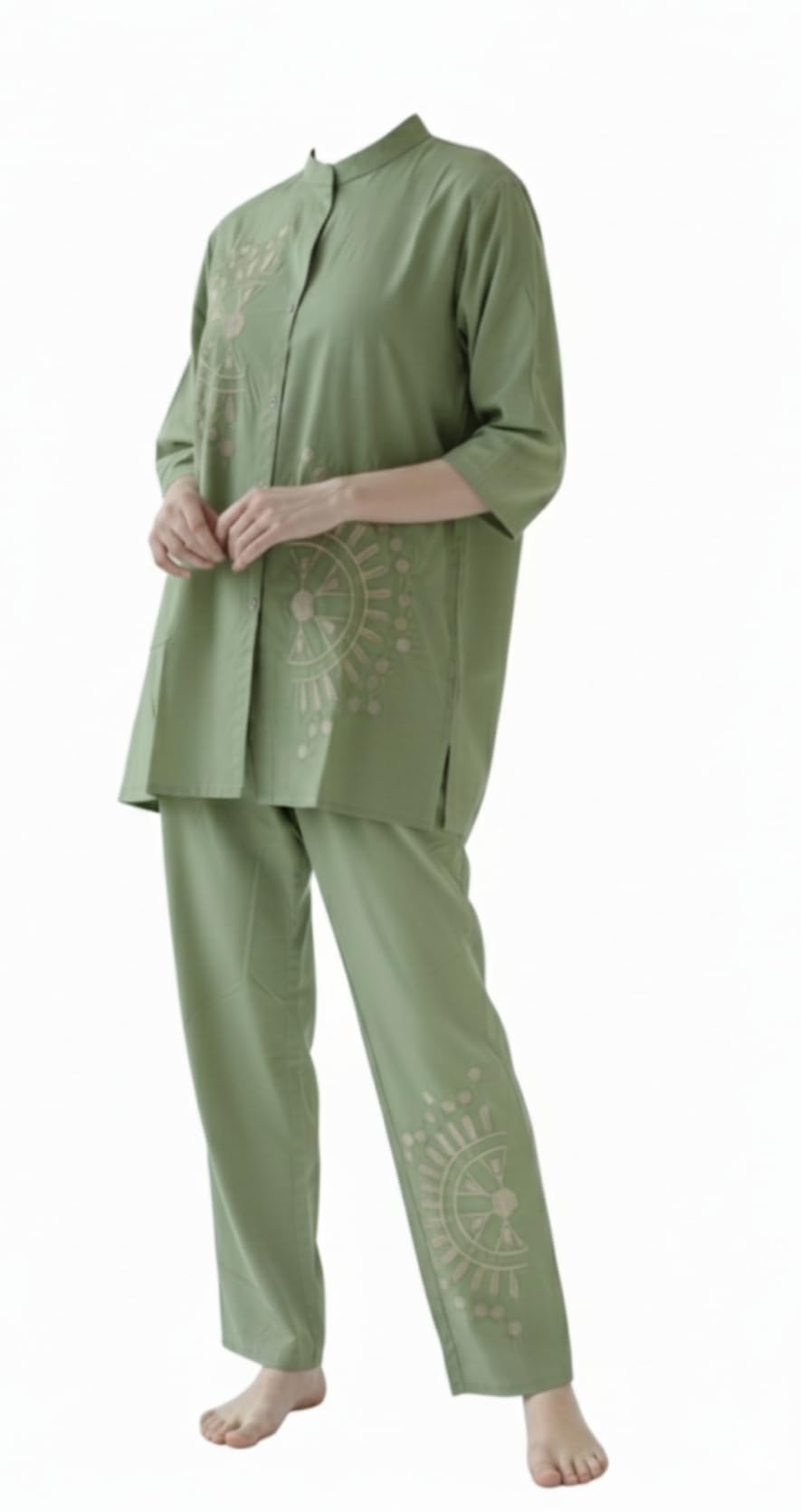 Ssaira Collection Women's Mint Green Embroidered Cord Set, Traditional Mandala Pattern, Cotton Blend Two-Piece Loungewear-image-24