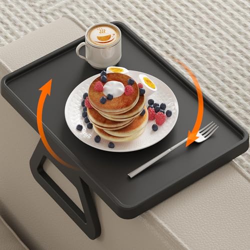 Lifewit Plastic Rotating Couch Armrest Table, Adjustable Sofa Arm Clip Holder Tray for Snack/Fast Food/Fruit/Drink, Large Foldable Stable Sofa Table with Reinforced Clamp, Black