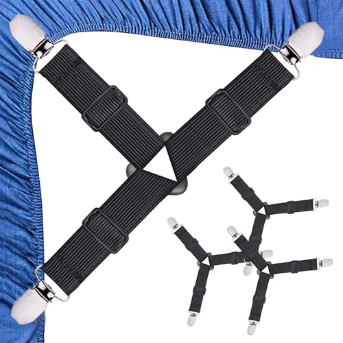 Qufiiry Attache Drap Housse, 4 Pcs NoirTendeur Drap Housse, Élastiques Ajustables Sangle Drap Housse avec Pinces Métalliques, Tendeurs De Drap pour Lit ou...
