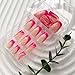 French Tip Press on Nails Medium Square Fake Nails Hot Pink False Nails with Gold Glitter Line Design Glossy Glue on Nails Full Cover Acrylic Nails Artificial Stick on Nails for Women Girls 24Pcs