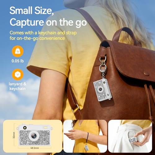 Image of HOTU Mini Keychain Camera, 2K 20 MP Bling Mini Digital Camera with 16G Card Travel and Vlog, Long Battery Life, Photo Video Camera Compact and Portable for Kids, Teens, White