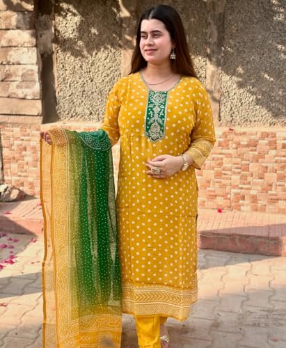 Image of GoSriKi Women's Rayon Viscose Printed Straight Kurta with Pant & Dupatta