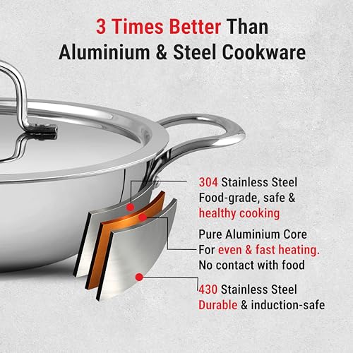 Image of PNB Kitchenmate Triply Stainless Steel kadai - 3.25 Liter| Induction Compatible triply kadai with lid | Stainless Steel cookware | Try ply cookware for Indian Cooking |Dishwasher Safe|5 Year Warranty