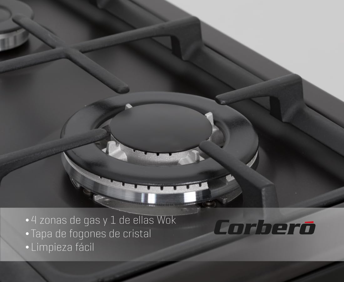 Corberó - Cocina de Gas Butano Excellence 60cm | CCSF6022NR | 4 Fuegos | Horno 55L con puerta triple cristal| Función Ruste pollos | Tapa Fogones Cristal| Wok con Quemado| Negro Rústica