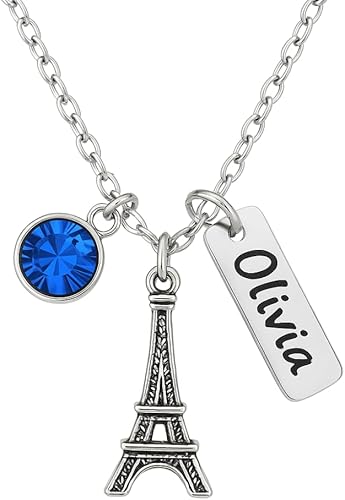 Collar personalizado de la torre Eiffel, piedra natal personalizada con nombre grabado en la torre Eiffel, colgante de torre Eiffel para mujer