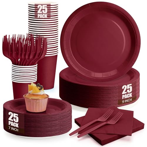 CENLBJ Burgundy Plates and Napkins Party Supplies Include 9Disposable Burgundy Paper Plate 7Dessert Plates and Cups and Napkins Forks Set for Birthday Anniversaries Wedding Serves 25