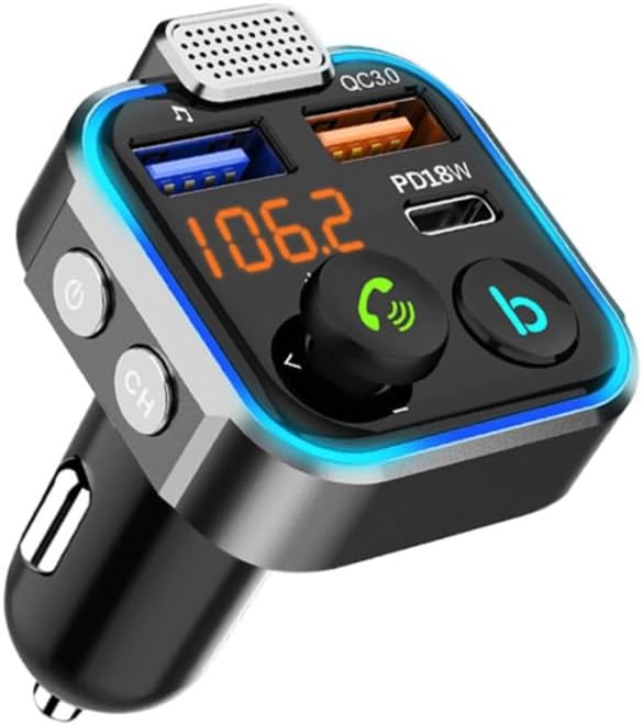 54W Bluetooth 5.3 Car Adapter Charger 3-Port Fast Charging [PD36W & QC3.0 20W], Wireless Radio FM Transmitter with Deep Bass Player, LED Backlit, Hands-Free Calling, Support USB Drive,Black